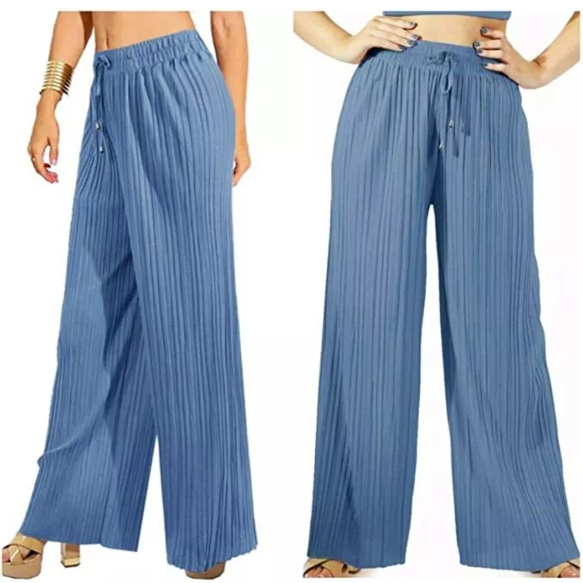 Women's sky blue pleated wide leg trousers with elastic waist and drawstring, lightweight summer palazzo pants